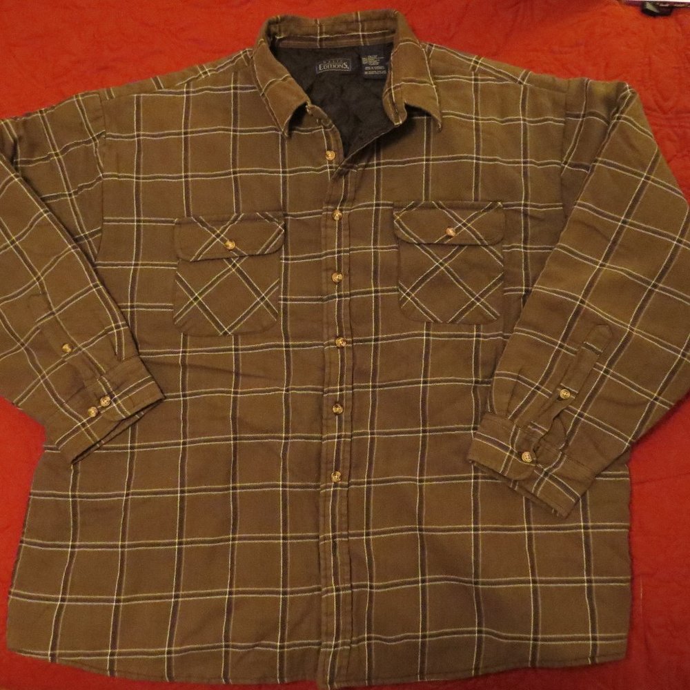 Men's Two Chest Pocket Quilted Flannel Jacket Green Plaid